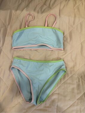SHEIN Light Blue Bikini Set with Pink & Lime Trim